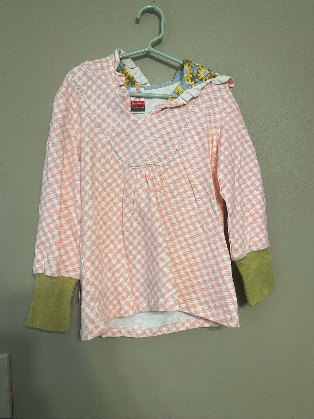 Matilda Jane Girls Shortcake Hoodie Pink White Check Floral Hood NWT Size 6